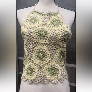 Crochet Halter Tank Top, Hippie Boho Coachella Festival Top Green, Yellow, Cream